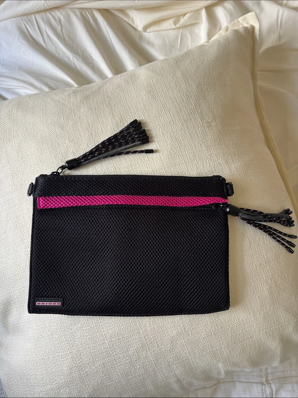 Black Clutch with Hot Pink Zip Accent - Mesh Wristlet